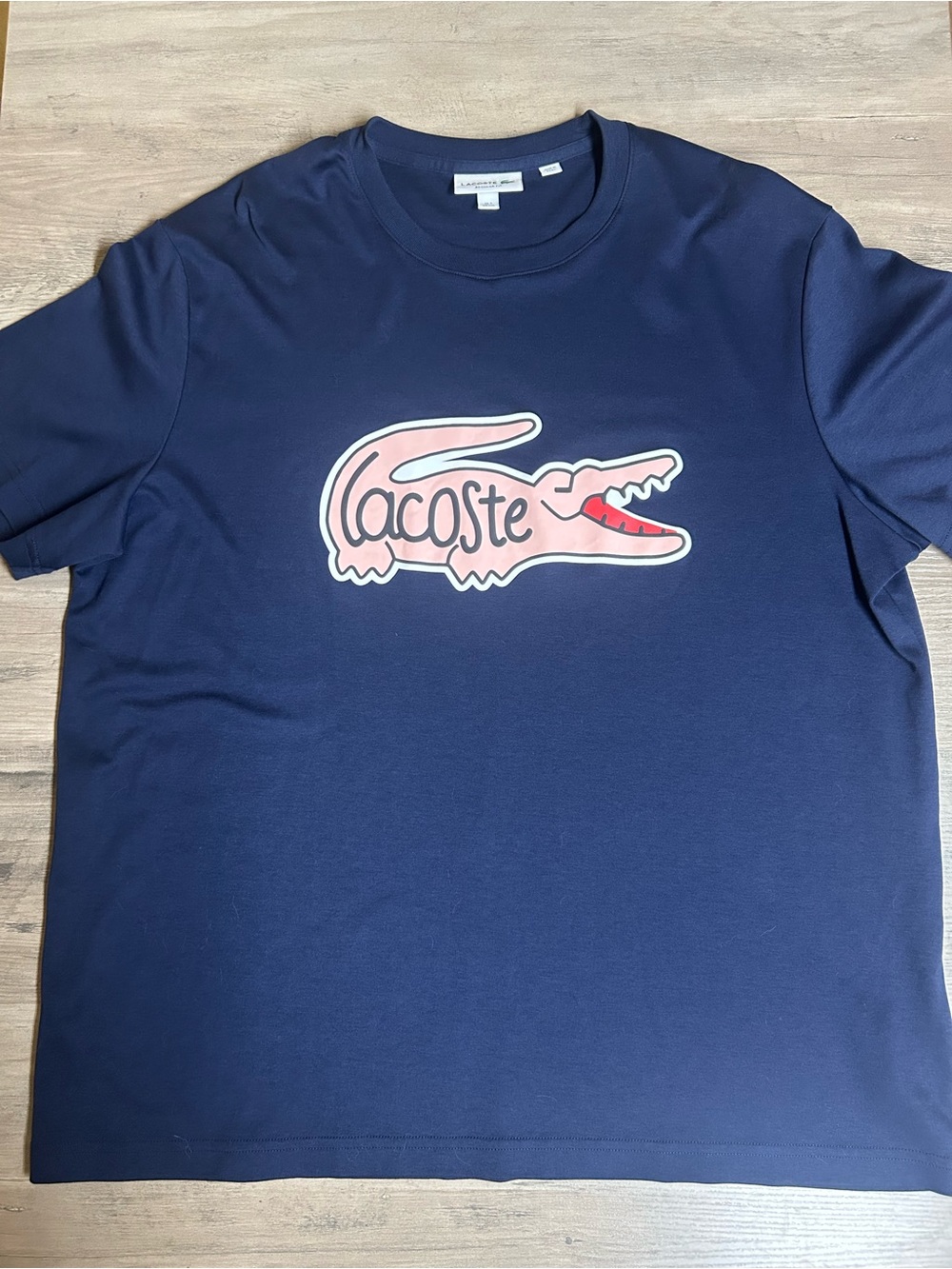 Lacoste Navy Short Sleeve Tee with Pink Crocodile Graphic